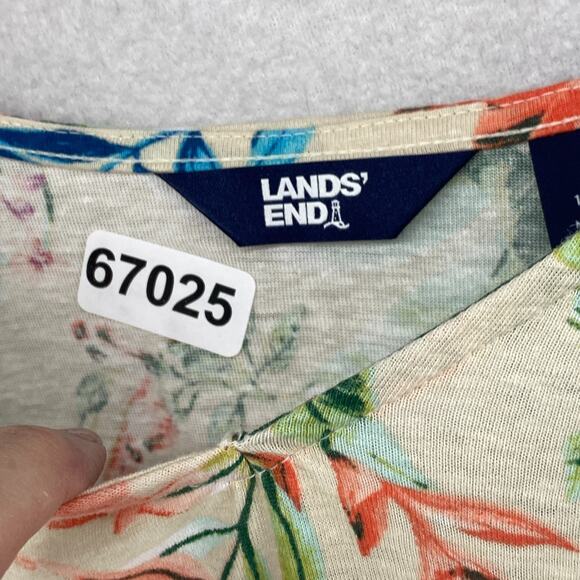 LANDS END Top Womens L 14-16 Floral Beach Blouse 3/4 Sleeve Linen Blend Cream - Picture 11 of 11